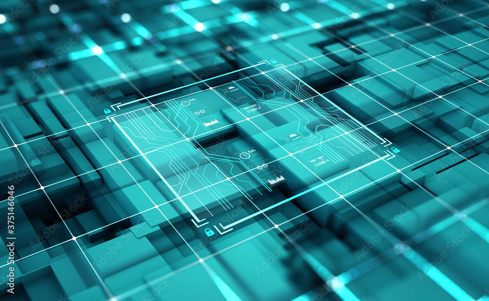 Poster Cyber technology in digital abstract space. Computer of future, circuit board and hardware 3d illustration. Information Network and Global Database