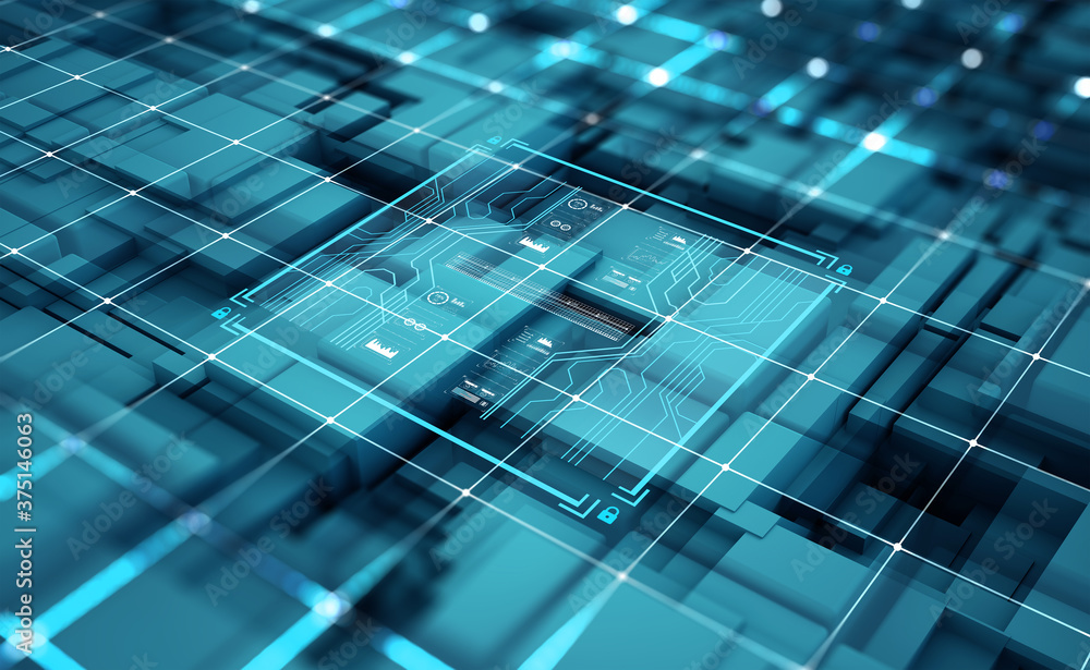 Poster Cyber technology in digital abstract space. Computer of future, circuit board and hardware 3d illustration. Information Network and Global Database