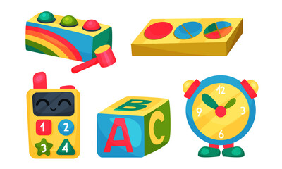 Colorful Children Toys with Clock and Abc Blocks Vector Set