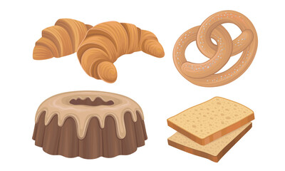 Starchy Foods or Baked Goods with Croissant and Bread Slices Vector Set