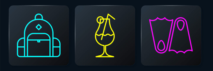 Set line Hiking backpack, Rubber flippers and Cocktail and alcohol drink. Black square button. Vector. © Vadim