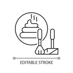 Poop scooping linear icon. Professional pet care thin line customizable illustration. Contour symbol. Cleaning after pets. Dog feces and poop scoop vector isolated outline drawing. Editable stroke
