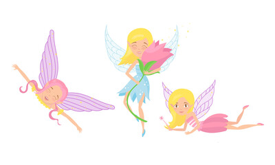 Little Fairy or Pixie with Wings Holding Flower and Magic Wand Vector Illustration Set