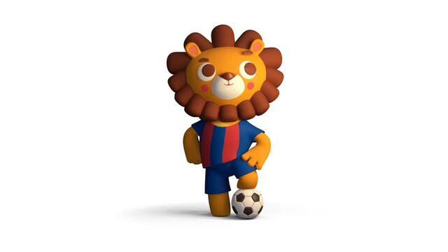 Stylized cartoon kid child lion plays football, football player, 3D animation loop