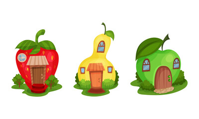 Fairy Garden Houses Rested on Green Lawn Vector Set