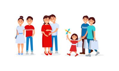 Happy Family Members with Parents and Kids Spending Time Together Vector Illustration Set