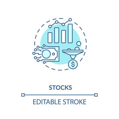Stocks concept icon. Business investment, broker occupation idea thin line illustration. Buying shares in companies. Stock market trading. Vector isolated outline RGB color drawing. Editable stroke
