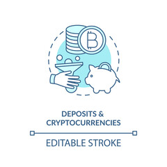 Deposits and cryptocurrencies concept icon. Investments opportunities idea thin line illustration. Bankins service. Buying virtual money. Vector isolated outline RGB color drawing. Editable stroke