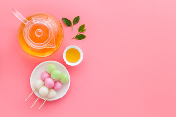 Asian dessert Dango rice dumplings and japanese tea