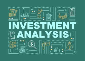 Investment analysis word concepts banner. Stock market trading, financial audit. Infographics with linear icons on green background. Isolated typography. Vector outline RGB color illustration