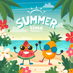 Summer time card with fruits character, beach landscape, lettering and floral frame. illustration in flat style