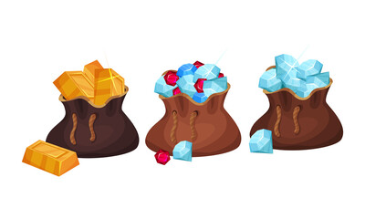 Pile of Golden Ingots and Gemstones Rested in Sack Vector Set