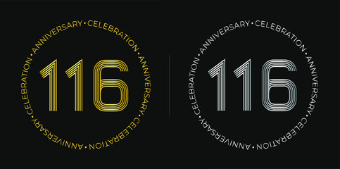 116th birthday. One hundred and sixteen years anniversary celebration banner in golden and silver colors. Circular logo with original numbers design in elegant lines.