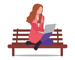 Vector illustration of a young woman sitting on a bench and working with a laptop. Character in flat cartoon style