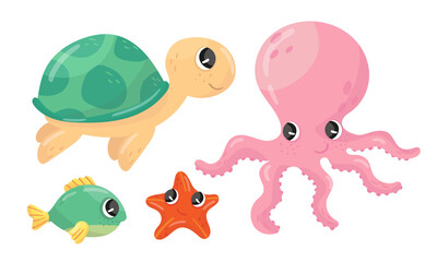 Funny Marine Animals with Octopus and Starfish Vector Set