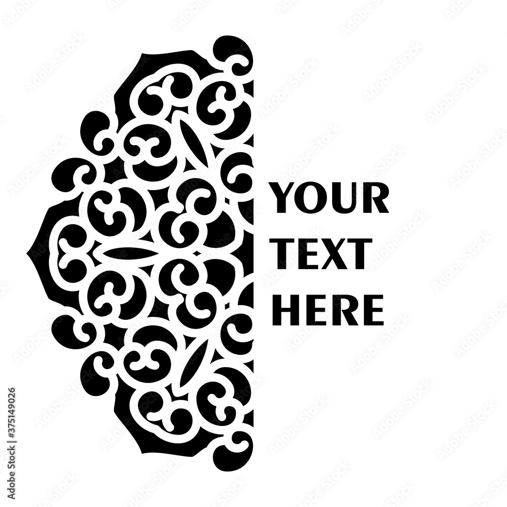 Poster vector simple black half monogram mandala with abstract elements, isolated on white background. orie