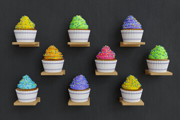 3D rendering of color cupcakes on shelves, each cupcake has white cupcake and color whipped cream, black background