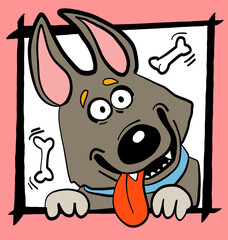 Vector illustration. Sketch. Funny portrait of a dog in a frame on a pink background. Print for clothes, avatar, postcards.