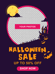 Halloween sale banner. Halloween  background with tombstone, pumpkin, haunted house and full moon. Flyer or invitation template for Halloween party. silhouette Vector illustration.