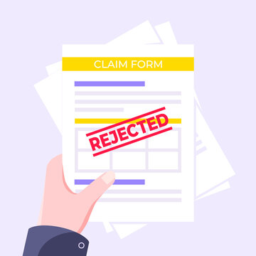 Hand holds rejected claim or credit loan form on it, paper sheets and rejected stamp flat style design vector illustration. Concept of denying document, cv resume, insurance application form.