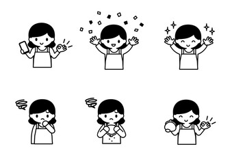 節約する主婦のシンプルなモノクロイラストセット