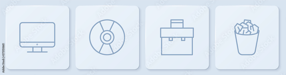 Poster set line computer monitor screen, briefcase, cd dvd disk and full trash can. white square button. ve