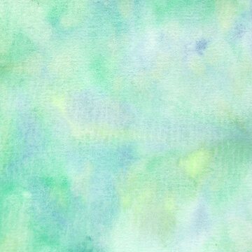 Green abstract watercolor background handpainted with small amounts of blue and yellow in 12x12 design element.
