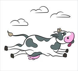 Funny cow floating in the sky cartoon, vector printing logo design