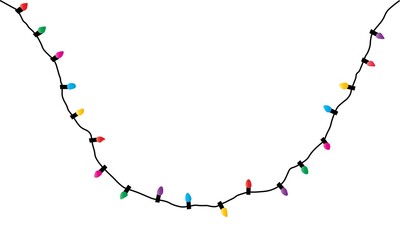 Christmas glowing lights on white background. Garlands with colored bulbs. Xmas holidays. Christmas greeting card design element. New year,winter.