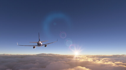 Fototapeta na wymiar 3D illustration of an airplane flying above the clouds against the sun