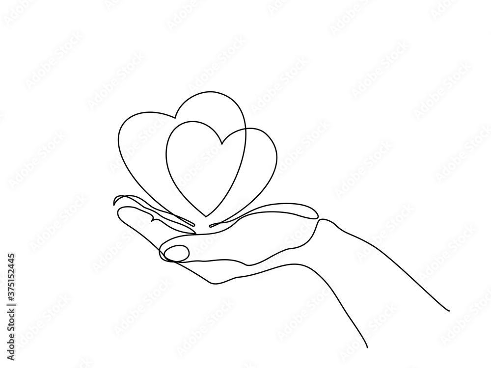 Wall mural hand holding heart sign. continuous one line art - Wall murals