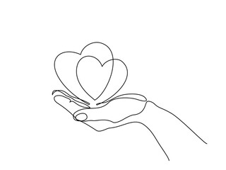 Hand holding heart sign. Continuous one line art © Valenty
