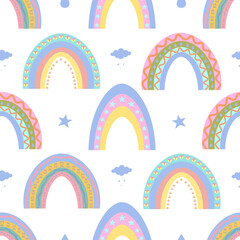 Rainbow print. Boho style. Seamless vector pattern. Isolated colorless background. Repeating summer ornament. Delicate pastel background. Idea for web design, children room decoration, printing.