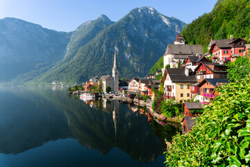 Beautiful scene of Hallstatt village on Hallstatt lake ,Austria. Popular tourist destinations. 