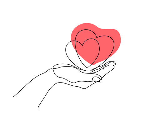 Hand holding heart sign. Continuous one line art