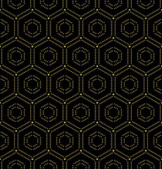 Geometric repeating vector ornament with hexagonal dotted elements. Geometric modern dotted golden ornament. Seamless abstract modern pattern