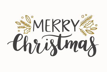 Merry Christmas hand drawn text with branches and holly leaves. Handwritten Christmas calligraphy. Winter holidays greeting card design, gifts. Hand drawn lettering.