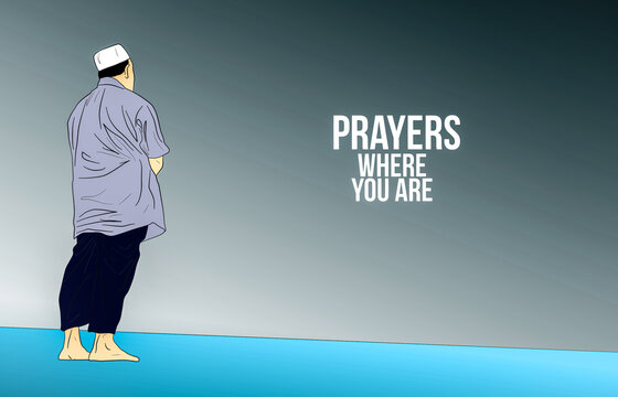 Illustration of a Muslim man praying and blur background