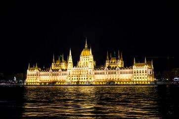 Panorama night view of the Hungarian parliament building in Budapest 