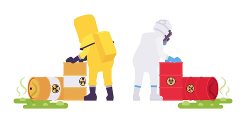 Man in hazmat disposable coverall in biohazard waste accident. Workers in level A, C suit, chemical resistant gloves, hooded apparel, breathing apparatus. Vector flat style cartoon illustration