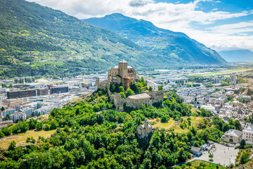 Aerial view of Valere Basilica and cityscape of Sion Switzerland