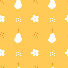 Cute seamless pattern with pear and flower shapes. Fruit background. Surface design for textile, wrapping paper