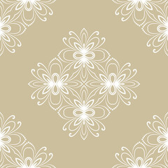 Floral vector ornament. Seamless abstract classic background with flowers. Pattern with repeating floral elements. Golden and white ornament for fabric, wallpaper and packaging