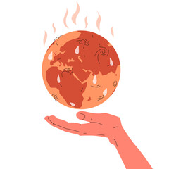 Earth global warming poster. Vector concept illustration of dry, hot and red planet earth globe with steam and drops of sweat. Hand holding earth globe suffering from global warming