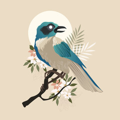 Vector illustration of a bird with flowers and leaves. Decorative trendy vintage style. 