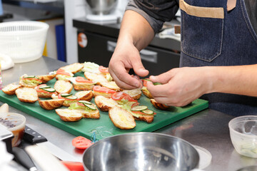 Food preparation process for delivery. Cooking sandwiches and sandwiches with vegetables. Selective...