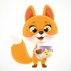 Cute cartoon baby fox with a cup of tea or coffee isolated on a white background
