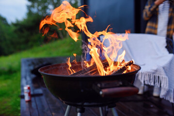 Bbq grill flame, hot burning grill outdoors cooking food. Grill burning fire for barbecue cooking...