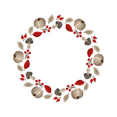 Vector autumn frame round wreath with place for text. With leaves, acorts and berries for Happy Thanksgiving Day. Template illustration for print, greeting card, mugs. Fall concept