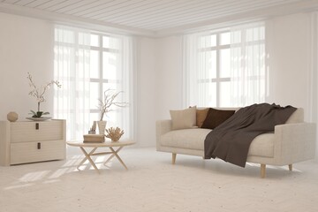 White stylish minimalist room with sofa. Scandinavian interior design. 3D illustration